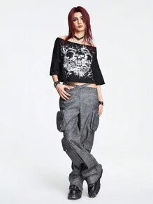 ROMWE Grunge Punk 骷髏頭圖案一字肩T恤 - 黑色 - 查看 5