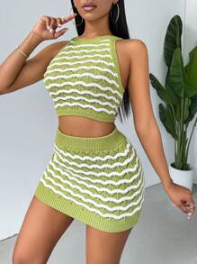 Zolique Wave Pattern Raglan Sleeve Top & Skirt Set - Green - View 6