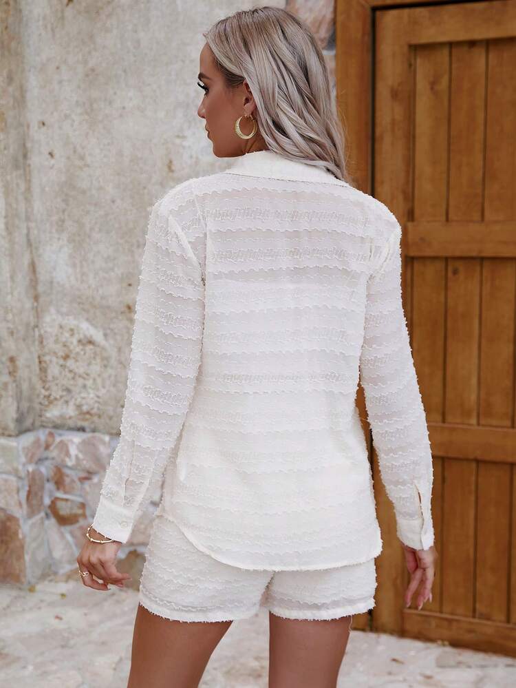 Ladies' Jacquard Long Sleeve Shirt And Shorts Set