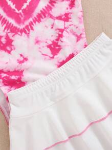 SHEIN Young Girls' Casual Tie-Dye Heart Print One-Piece Swimsuit With Skirt Set For Spring And Summer - Pink - View 7