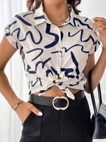 SHEIN Essnce 女性極簡線條圖案短袖襯衫