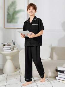 SHEIN 2pcs/Set Tween Boys' Casual Solid Color Knitted Short Sleeve Shirt And Pants Homewear With Collar - Black - View 5