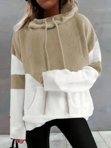 SHEIN LUNE Women's Color Block Hooded Long Sleeve Sweater
