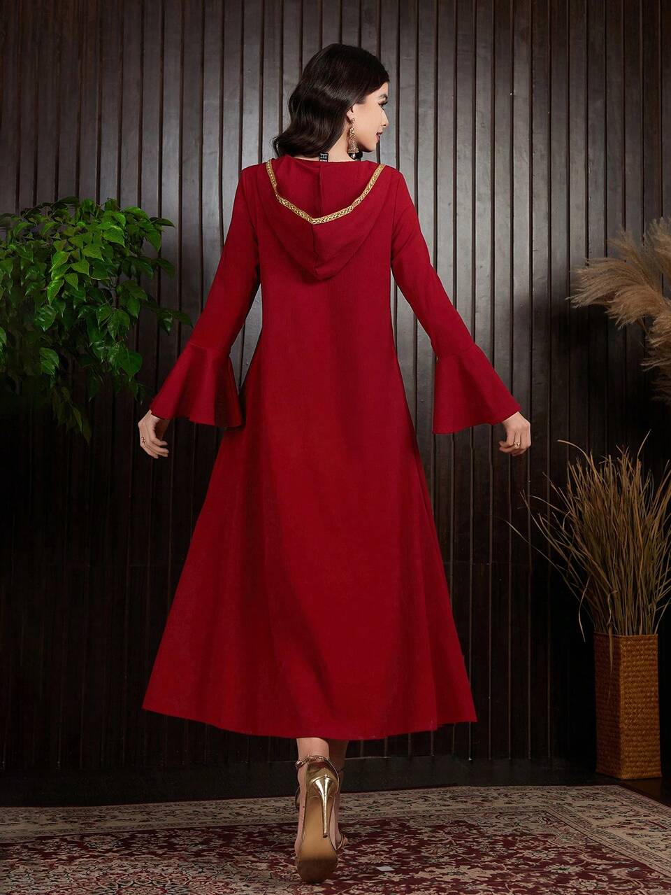 Burgundy Red Women's Elegant Embroidered Dress Fall Cloth For Women