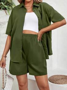 SHEIN Thai sản Màu thuần Ngắn tay Áo sơ mi Và Bộ quần short - xanh quân đội - Xem 3