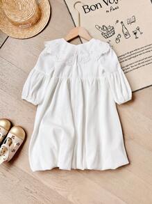 SHEIN 年輕女孩寬鬆休閒刺繡圖案燈籠袖中長裙,超大領口設計