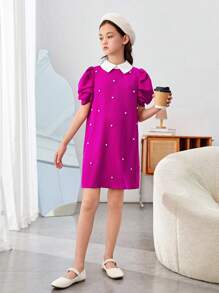 SHEIN Cô gái Tween Thể thao & Mát mẻ Đan Kết cườm Vòng cổ Đầm Đối với Mùa xuân/Mùa hè - Màu Hồng Tươi - Xem 6