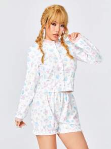 ROMWE Kawaii Casual Heart Shaped Bear Button Up Long Sleeve Top And Shorts Homewear Set For Kids