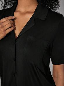 Ocili Leisure Solid Color V-Neck Top & Straight Pants Home Wear Set Holiday Season Outfit - Black - View 5