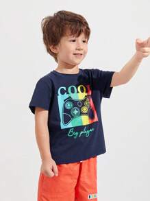 SHEIN Young Boy Gamepad And Letter Print Tee - Navy Blue - View 4