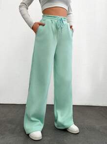 SHEIN Cottnline Women's Drawstring Waist Solid Color Wide Leg Pants - Cadet Blue - View 3
