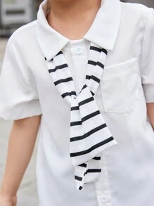 Young Boy's  Effect Striped Shawl Collar Casual 3-Piece Set For Summer - Blue and White - View 3