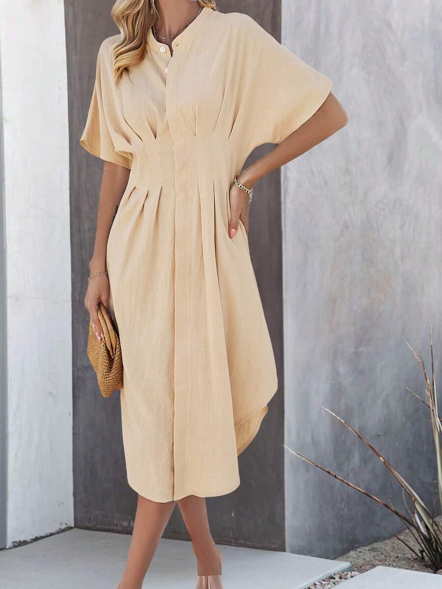 SHEIN Clasi Của phụ nữ Màu thuần tay cánh Xếp li Đầm - Màu be - Xem 1