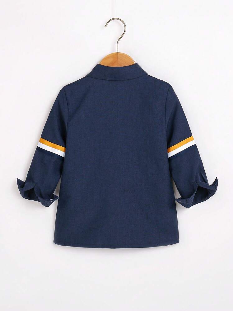 SHEIN 男童條紋刺繡衬衫,織帶細節 - 藏蓝色 - 查看 2