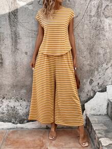 SHEIN LUNE 女士條紋蝙蝠袖2件套裝 - 黃色 - 查看 5