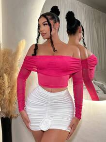 SHEIN SXY Của phụ nữ Gợi cảm Lưới Vòng cổ Áo ngoài vai Cho mùa hè Kỳ nghỉ - Màu Hồng Tươi - Xem 1