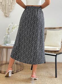 SHEIN VCAY Váy xẻ cao in họa tiết toàn thân cho nữ - màu đen - Xem 2