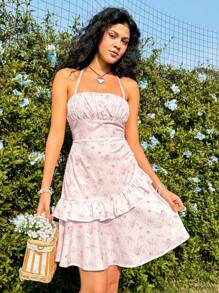 Soleia 女款花卉印花掛脖繫帶腰圍連身裙 - 粉色 - 查看 3