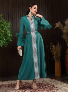 Al Najma Geometric Pattern Notched Neckline Fuzzy Decorated Dress - Green - View 6