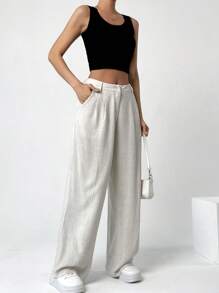 SHEIN EZwear Pantalones De Mujer Rectos De Diseño De Bolsillo De Un Solo Color