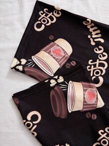 Teen Girls' Full Print Coffee Patterned Pants & Short Sleeve T-Shirt Set With Coffee Print Front, Casual Homewear - Black - View 6