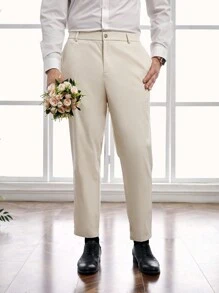 Manfinity VCAY 男士大碼純色錐形西裝長褲 - 杏色 - 查看 3