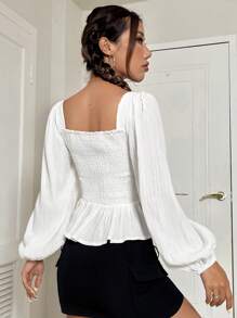 Flirla Solid Color Box Pleated Lantern Sleeve Square Collar Shirt Peplum Top Fall Cloth For Women - White - View 2