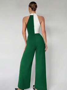 Maija Sleeveless Colorblock Stand Collar Jumpsuit For Women - Dark Green - View 2