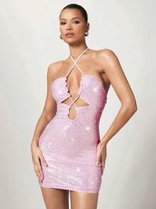 SHEIN BAE Women's Pink Hollow Out Beaded Bodycon Mini Vacation Dress With Drawstring - Pink - View 3