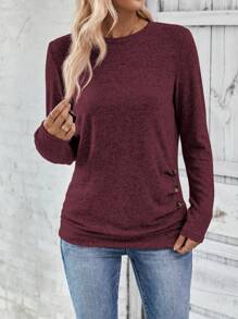 SHEIN LUNE Women's Round Neck Long Sleeve T-Shirt With Button Decoration Fall Cloth For Women - Red Violet - View 5