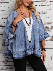 EMERY ROSE 女士襯衫領牛仔夾克,具有褶邊細節 - 藍色 - 查看 3