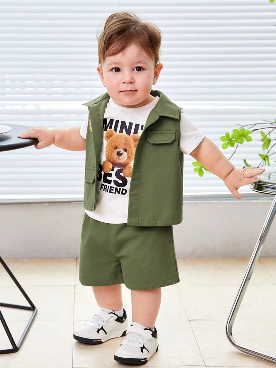 SHEIN Baby Boy's Short Sleeve Bear Print T-Shirt, Vest Outerwear, And Shorts 3pcs/Set - Green - View 1