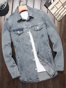 Manfinity Roghcode Men's Ripped Dragon Head Printed Denim Shirt - Blue - View 2