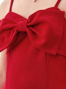 SHEIN Vestido rojo de punto para niña preadolescente con grandes lazos en las correas de los hombros, múltiples decoraciones de lazo y diseño de cintura en forma de V - Rojo - Ver 6