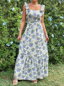 SHEIN Privé Floral Print Ruffle Cami Dress With Backless Design And Asymmetric Hem - Multicolor - View 6