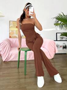 SHEIN EZwear Women's Drawstring Detail Asymmetric Hem Strapless Top And Pants Set - Brown - View 3