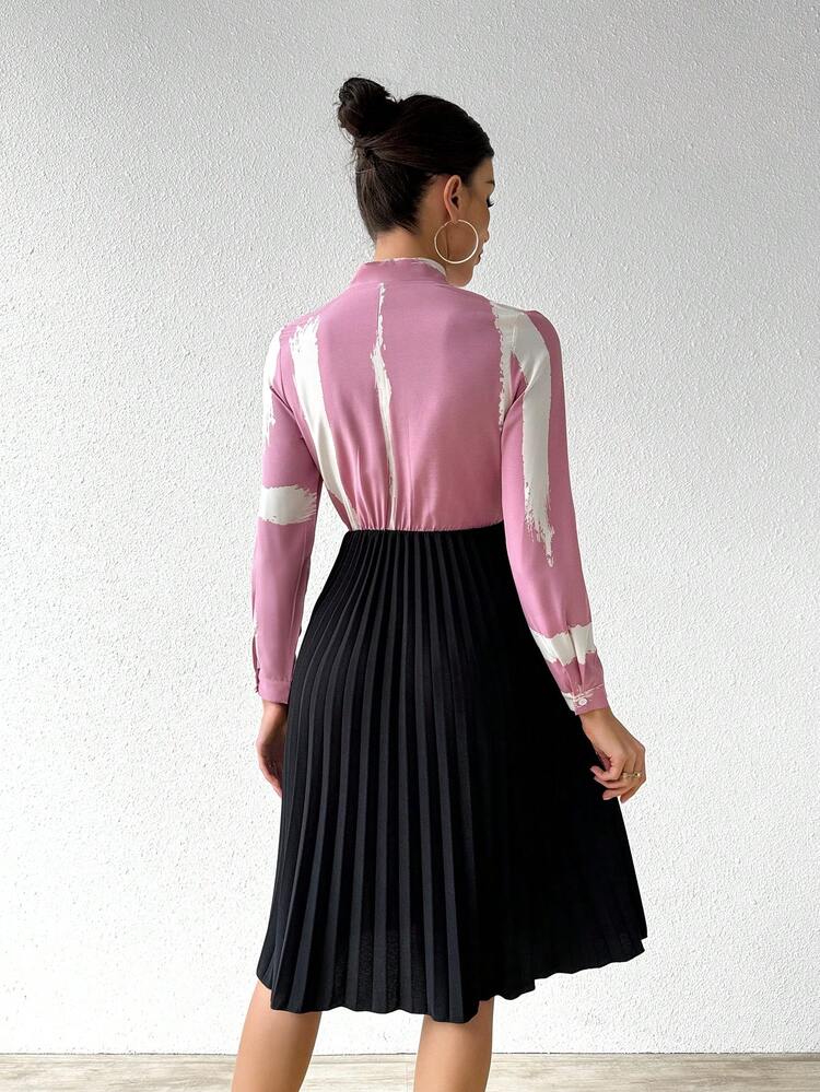 Ladies' Brushstroke Printed Tie Neck Long Sleeve Dress