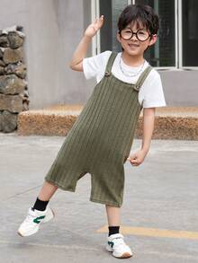 SHEIN Young Boy Solid Color Ribbed Knitted Jumpsuit - Army Green - View 4