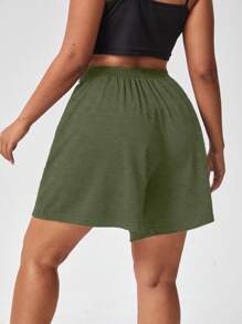 Flirla Plus Size Loose-Fit Solid Color Knit Shorts - Olive Green - View 2