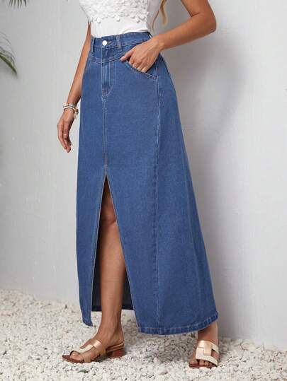 SHEIN LUNE Denim Skirt With Slanted Pockets And Slit Design