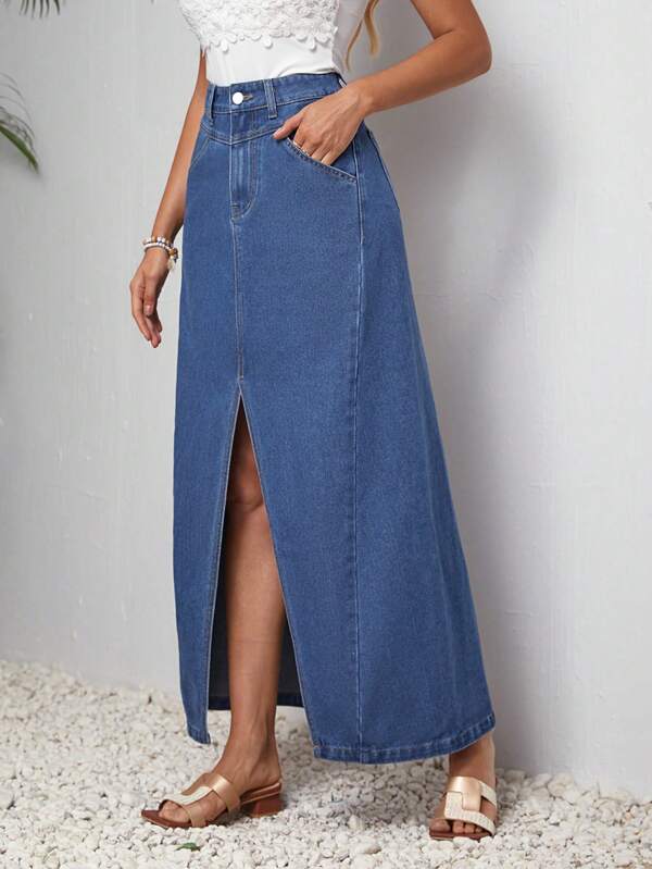 SHEIN LUNE Denim Skirt With Slanted Pockets And Slit Design