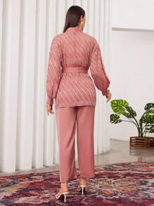 Modelyn Của phụ nữ Màu thuần Tay áo lồng đèn Áo Với thắt lưng Và Quần ống rộng Bộ - Hồng - Xem 2