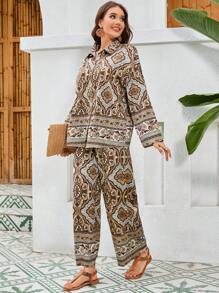 Mulvari Quý cô Hoa In Tay áo dài Bộ áo sơ mi và quần - Màu vàng - Xem 4