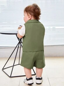 SHEIN Baby Boy's Short Sleeve Bear Print T-Shirt, Vest Outerwear, And Shorts 3pcs/Set - Green - View 5