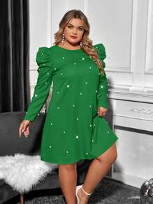 SHEIN Clasi Kích thước lớn Của phụ nữ Kết cườm Tay áo chân cừu Đầm - màu xanh lá - Xem 6