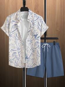 Genlund Men's Plant Printed Short Sleeve Shirt And Shorts Set - Dusty Blue - View 1