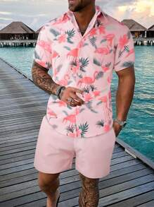 Manfinity RSRT 2pcs Men's Flamingo Print Short Sleeve Shirt Set - Baby Pink - View 2