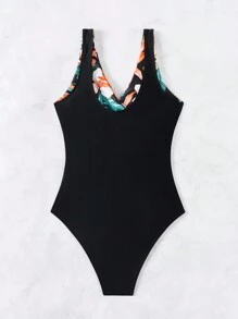 SHEIN Swim Summer Floral Patchwork Print One-Piece Swimsuit With V-Neck