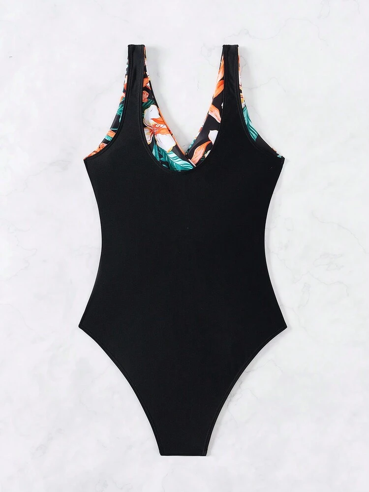 Summer Floral Patchwork Print One-Piece Swimsuit With V-Neck