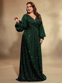 UNITHORSE Plus Size Lantern Sleeve Sequined Formal Dress, Elegant Long Sleeve Prom Evening Wedding Guest Gown, For Graduation, Dinner, Bride Dress, Birthday Women Outfits, Graduation Dress - 墨綠色 - 查看 5